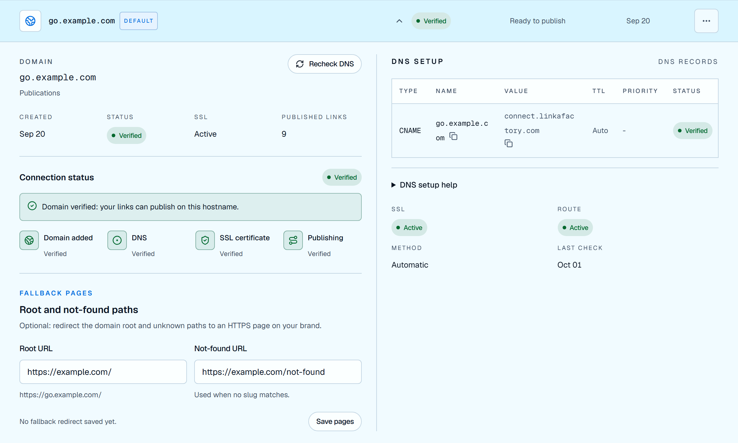 Linka Factory interface showing a CNAME record, SSL status and publication route for a demo subdomain.