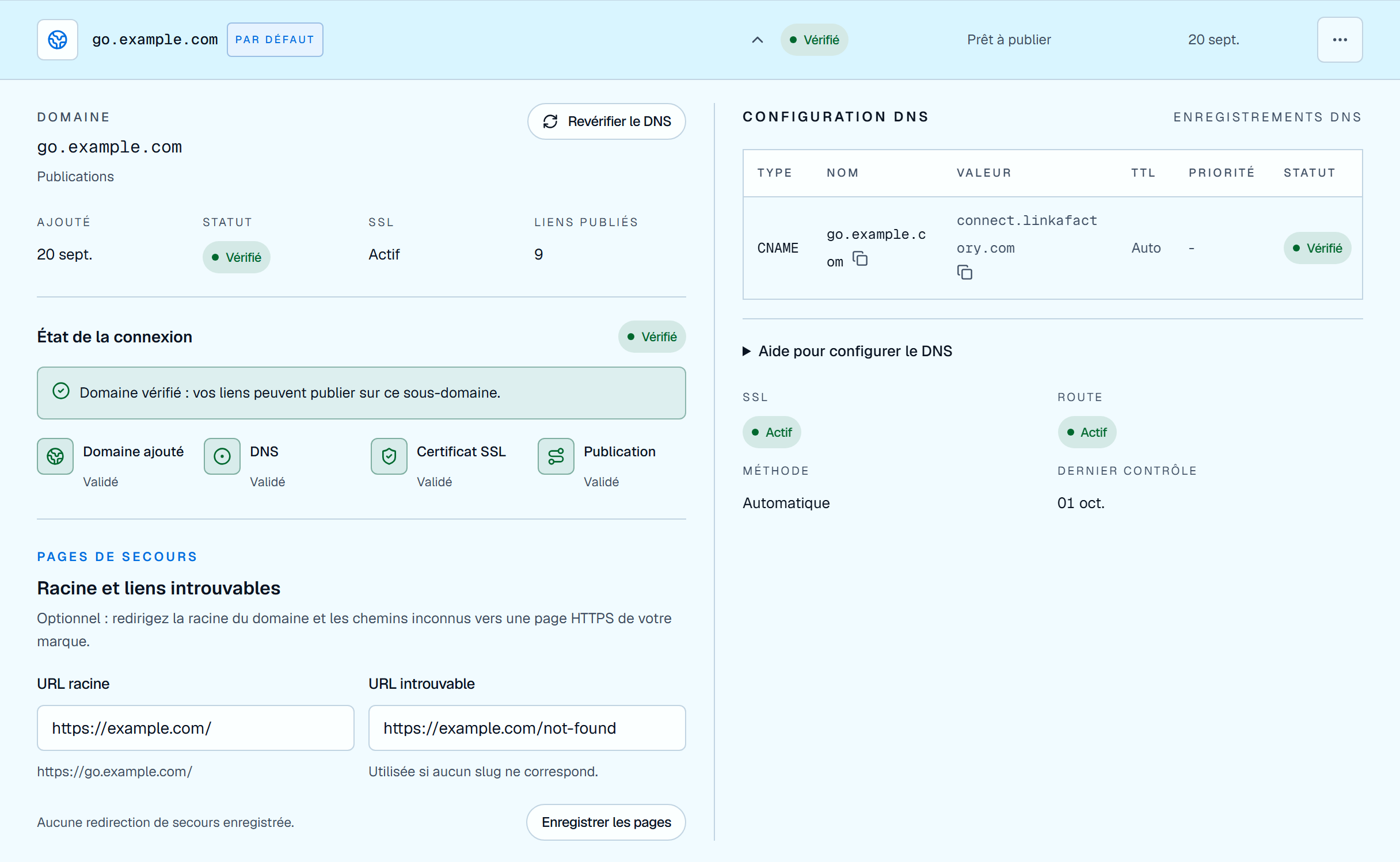 Interface Linka Factory : CNAME, statut SSL et route de publication d’un sous-domaine de démonstration.
