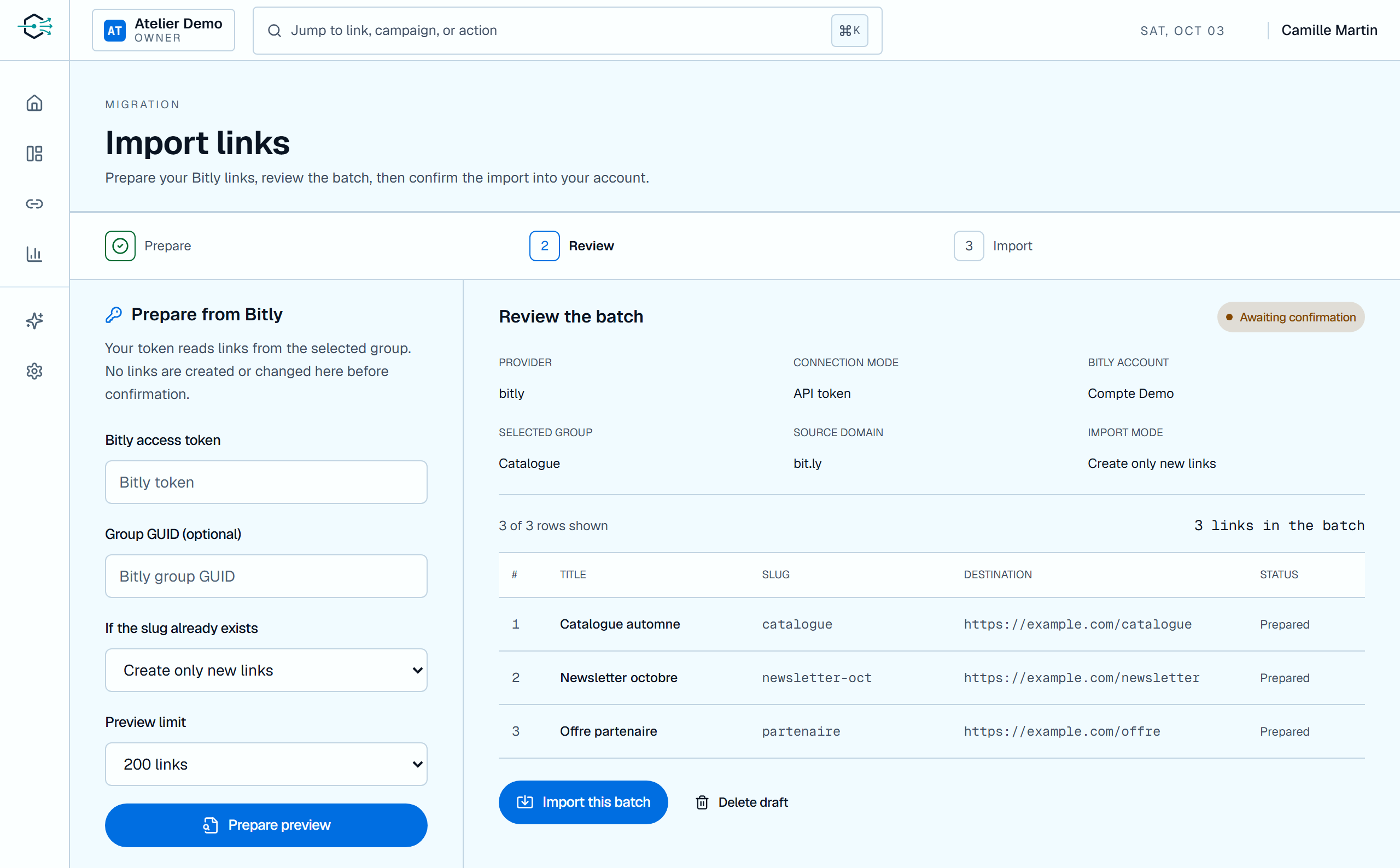 Linka Factory interface showing a Bitly draft, import mode and three links awaiting confirmation.