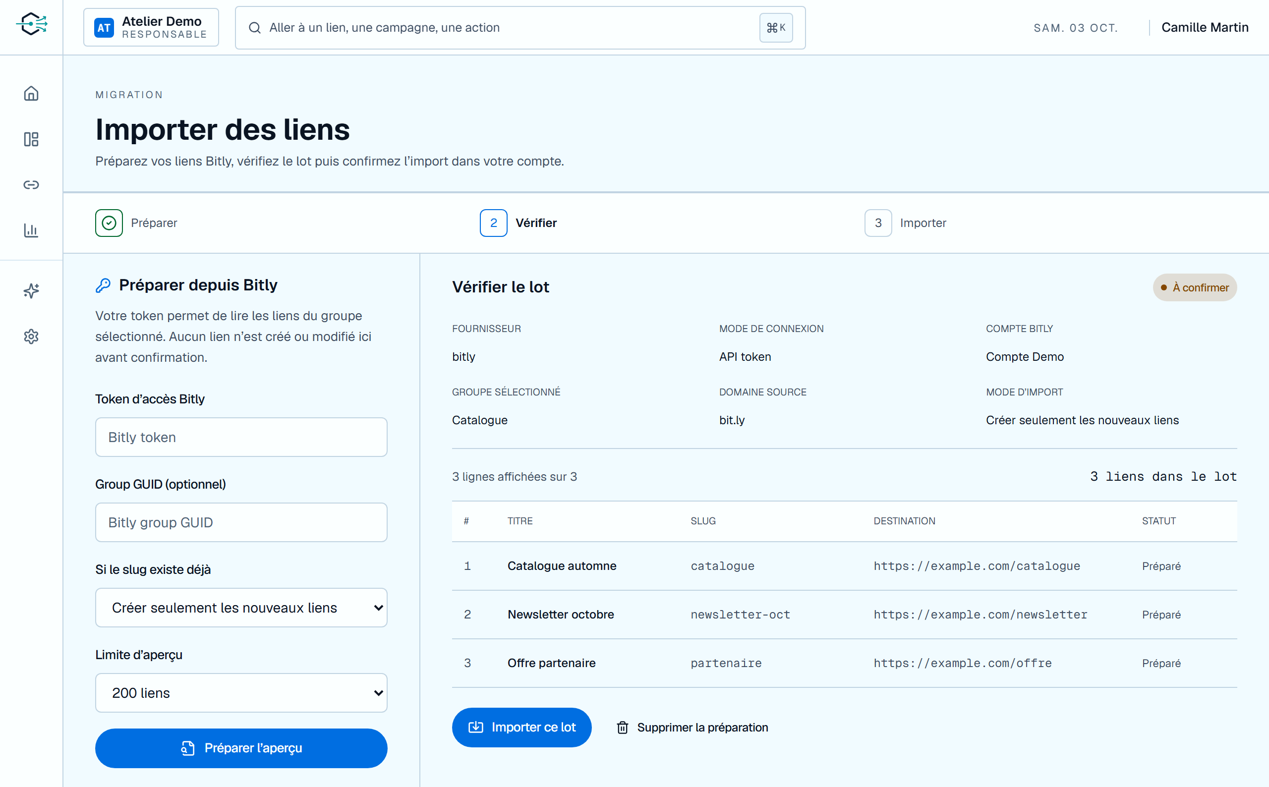 Interface Linka Factory : préparation Bitly, mode d’import et aperçu de trois liens encore à confirmer.