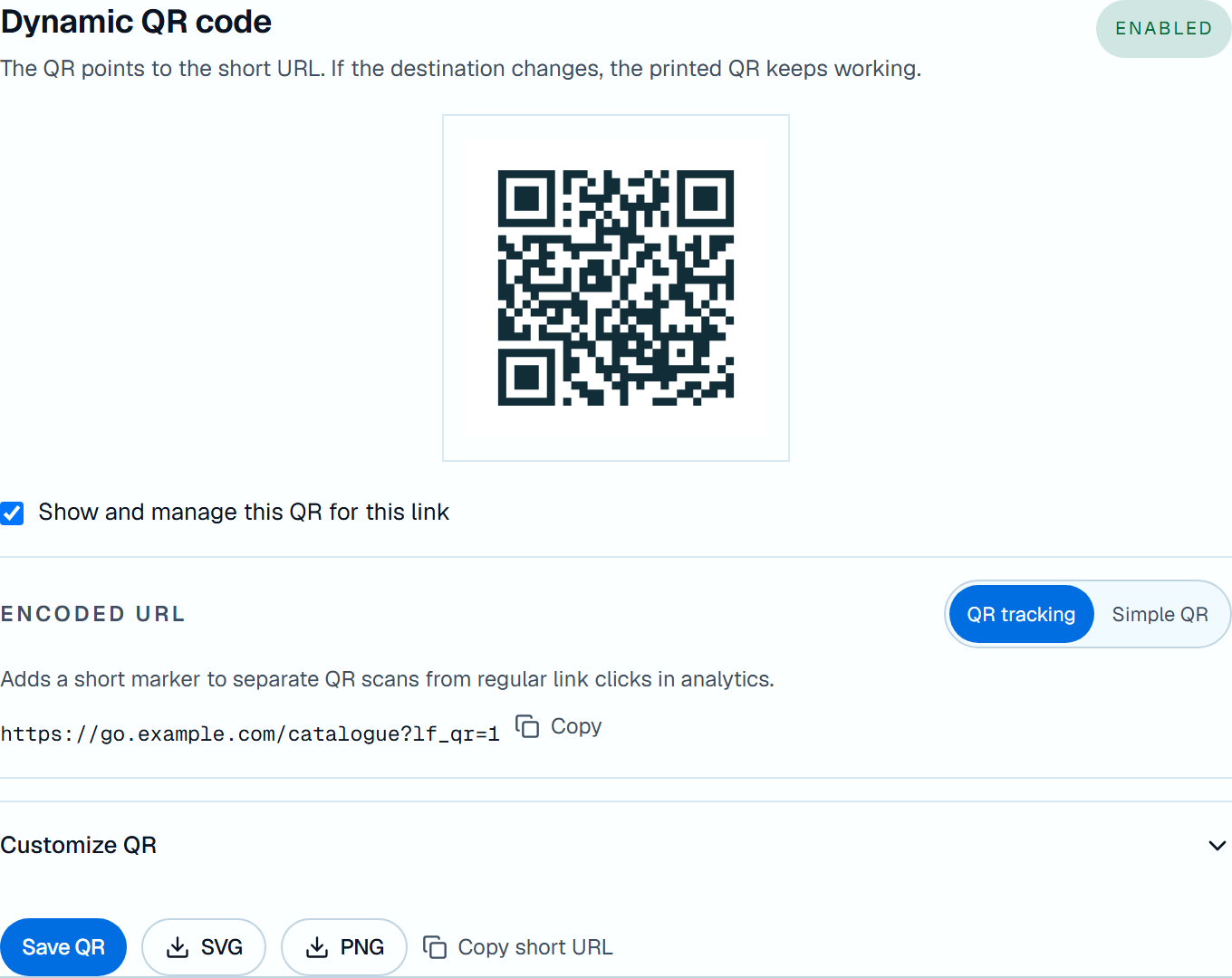 Linka Factory interface showing a demo short-link QR code, encoded URL, QR tracking and Simple QR modes, and SVG and PNG exports.