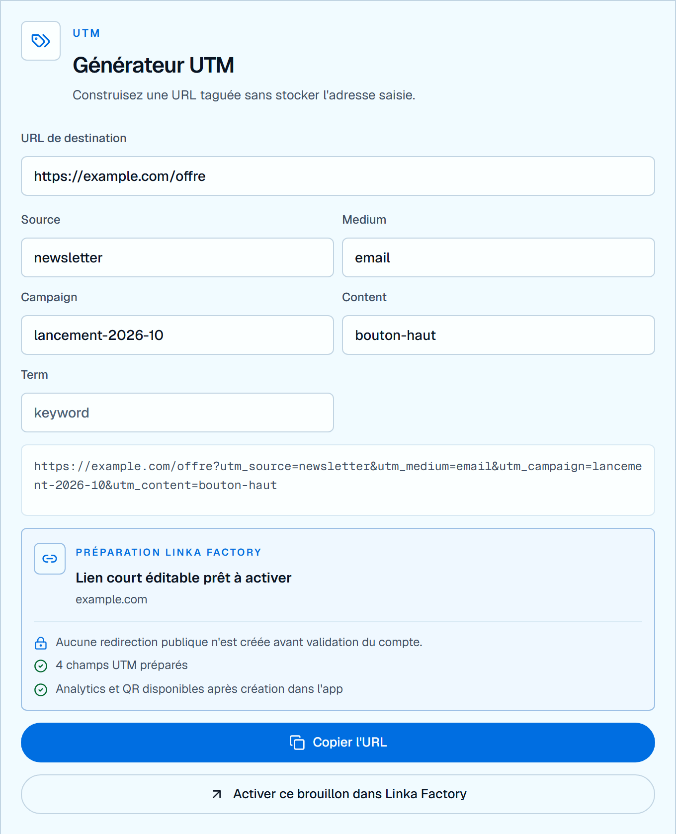 Générateur UTM Linka Factory : exemple de newsletter, canal email, nom de campagne et variante de bouton, avec l’URL finale préparée.
